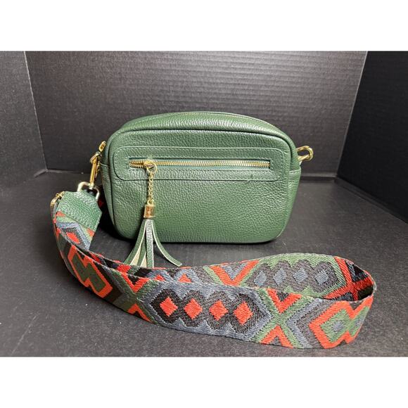 Borse in Pelle Handbags - Borse In Pelle Italian Dark Green Pebbled Leather Crossbody Bag w/Guitar Strap